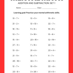 Mental Math Addition and Subtraction Worksheet