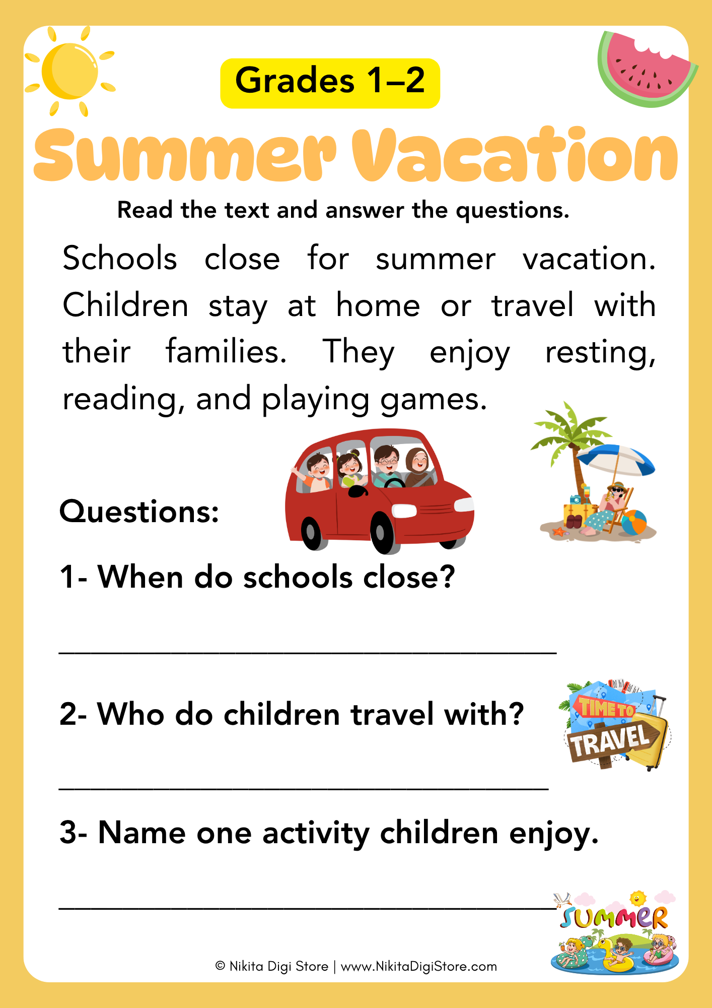 Summer Reading Comprehension Worksheets