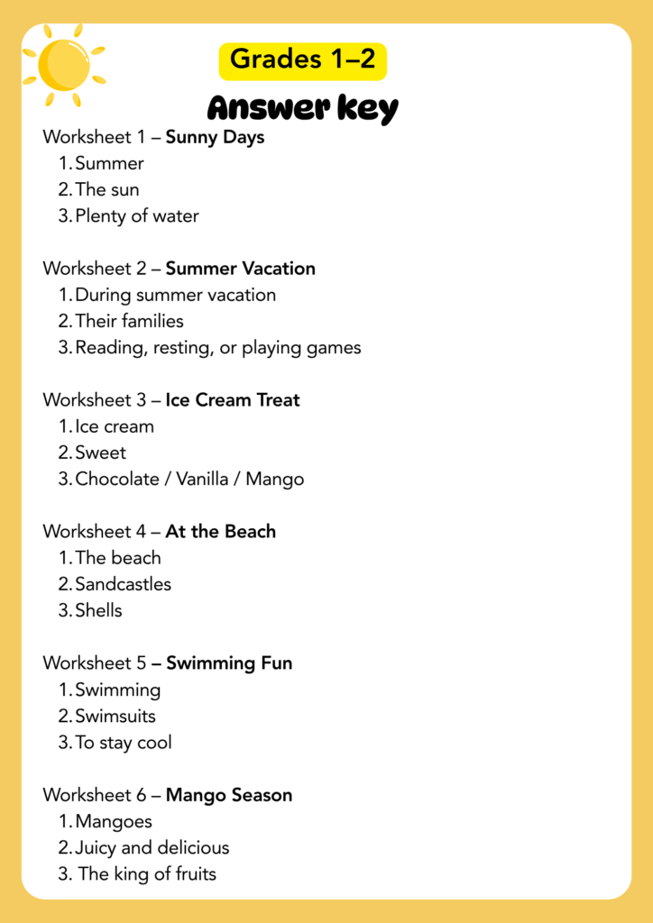 Summer Reading Comprehension Worksheets