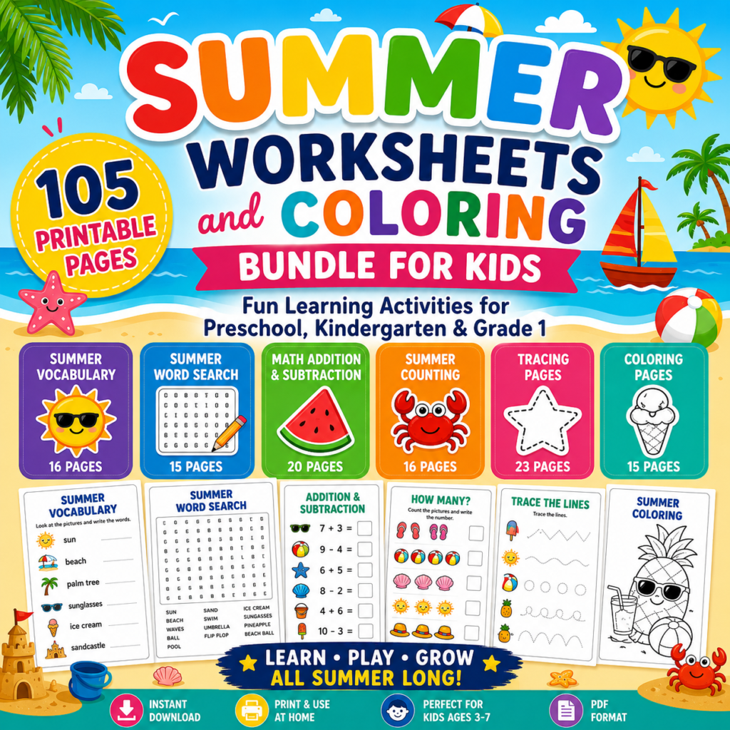 105 Printable Summer Worksheets and Coloring Bundle