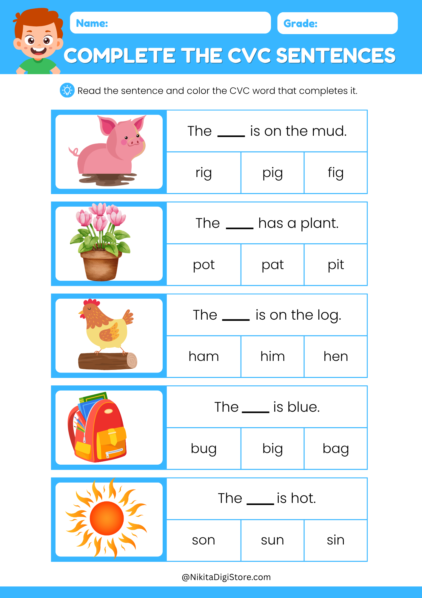 CVC Sentences Worksheets – Complete the CVC Sentences | Kindergarten Phonics Activities - Image 2