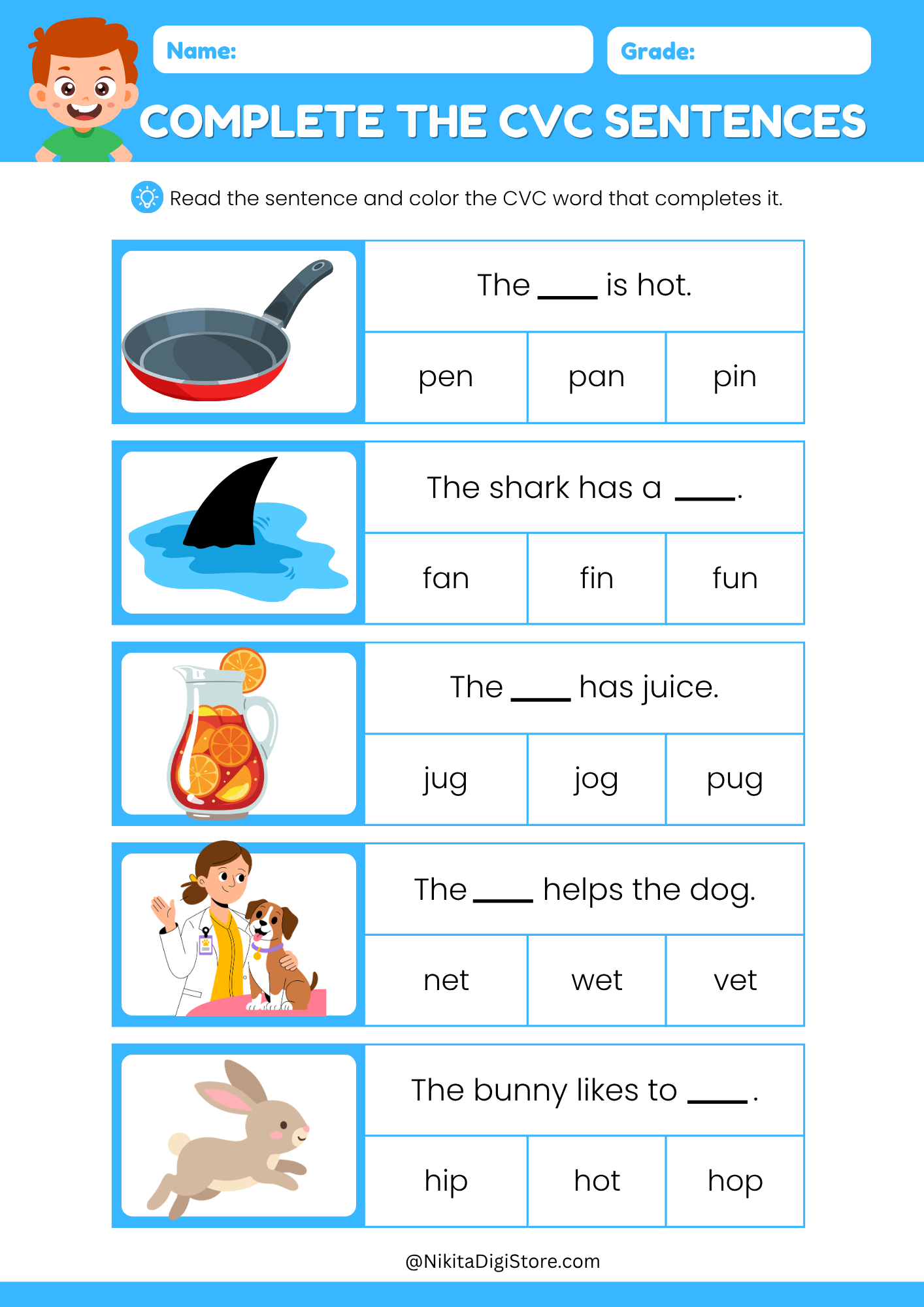 CVC Sentences Worksheets – Complete the CVC Sentences | Kindergarten Phonics Activities - Image 3