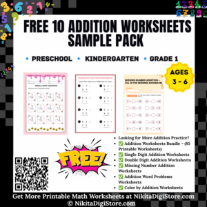Free 10 Addition Worksheets Sample Pack for Preschool and Kindergarten