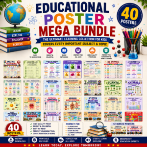 Educational Poster Mega Bundle featuring 40 educational posters covering Maths, Science, World General Knowledge, and Indian General Knowledge for kids, classrooms, and homeschool learning.