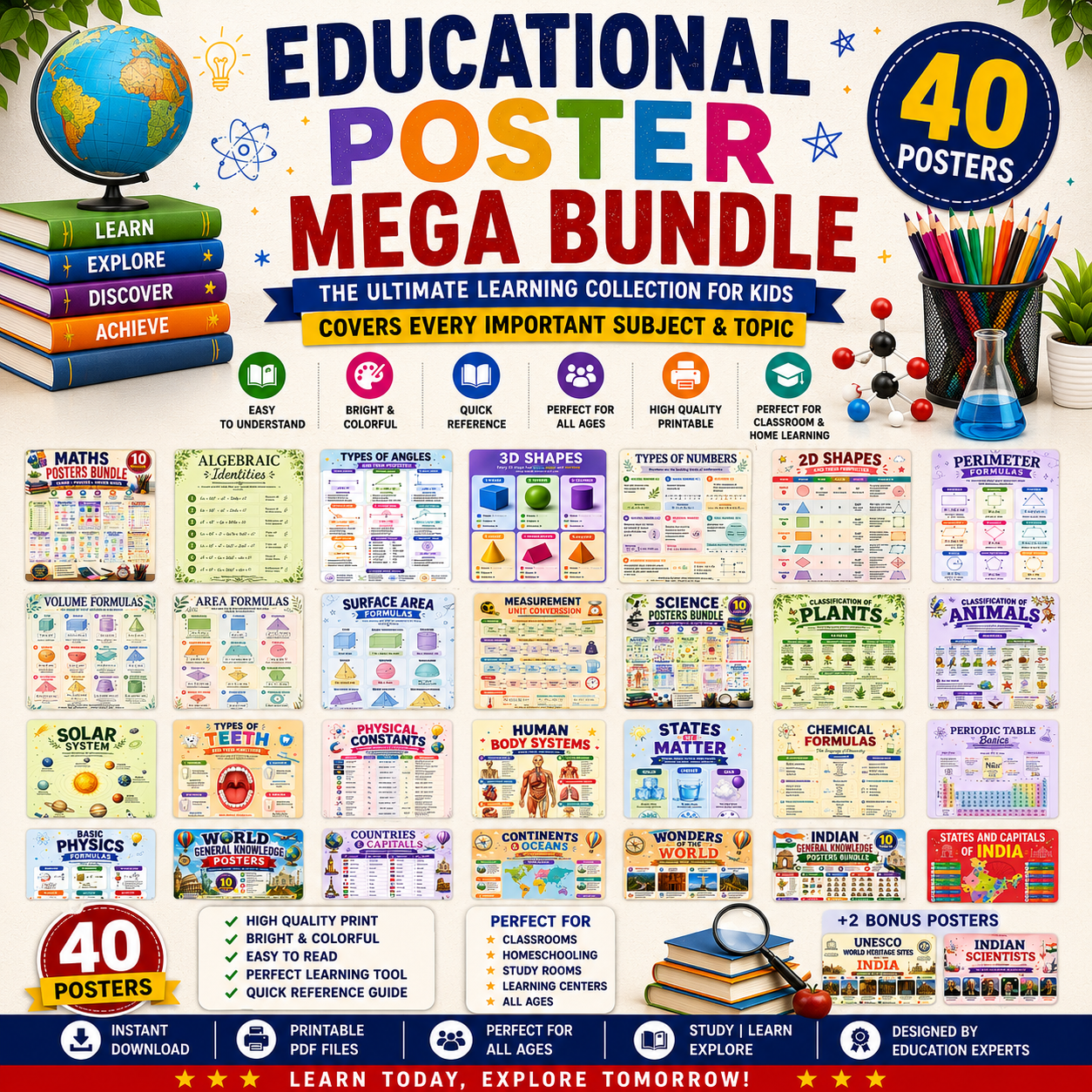 Educational Poster Mega Bundle featuring 40 educational posters covering Maths, Science, World General Knowledge, and Indian General Knowledge for kids, classrooms, and homeschool learning.