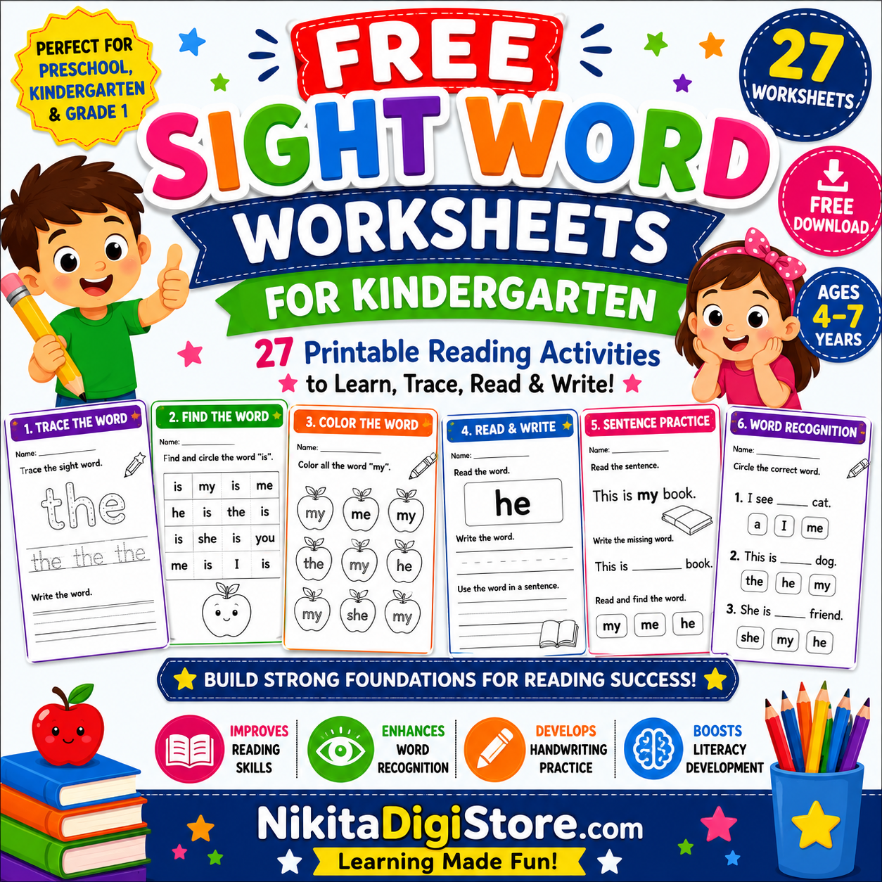 Free Sight Word Worksheets for Kindergarten – 27 Printable Reading Activities PDF