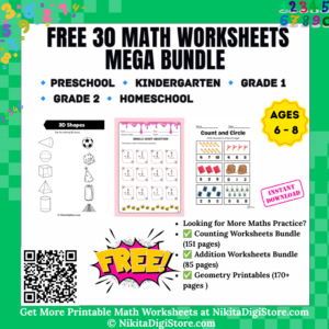 Free 30 Math Worksheets Bundle for Kids PDF | Preschool & Kindergarten Printables