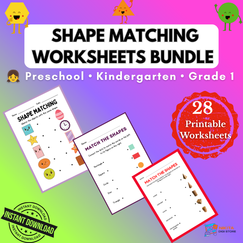Shape Matching Worksheets Bundle – 28 Printable PDF Worksheets for Preschool & Kindergarten