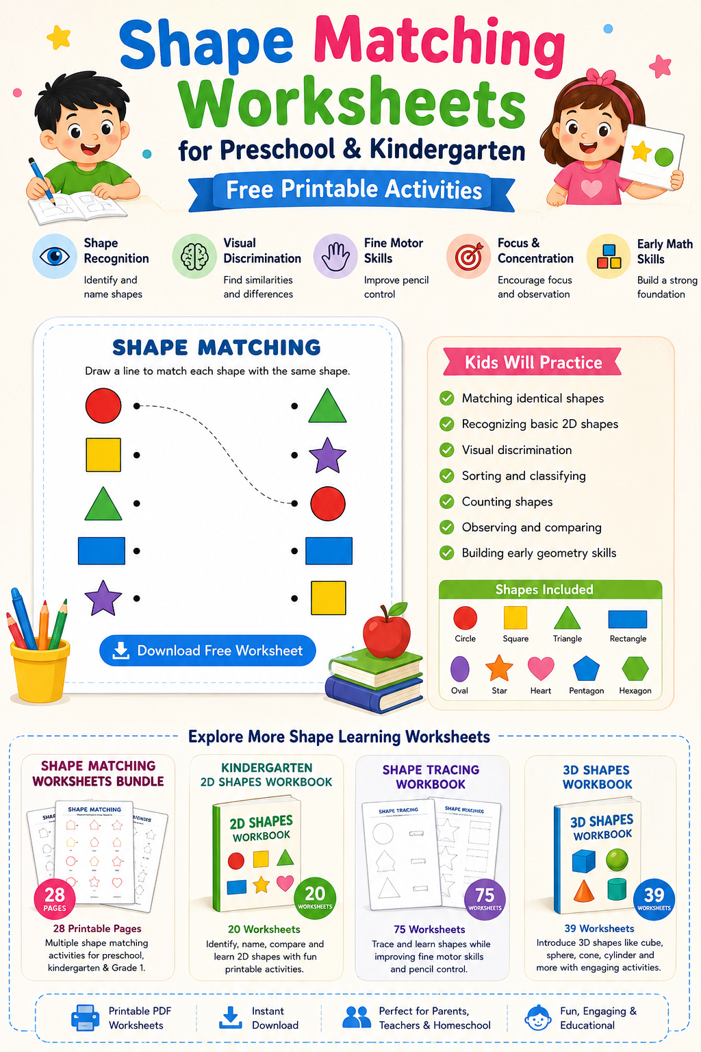 shape matching worksheets for preschool and kindergarten